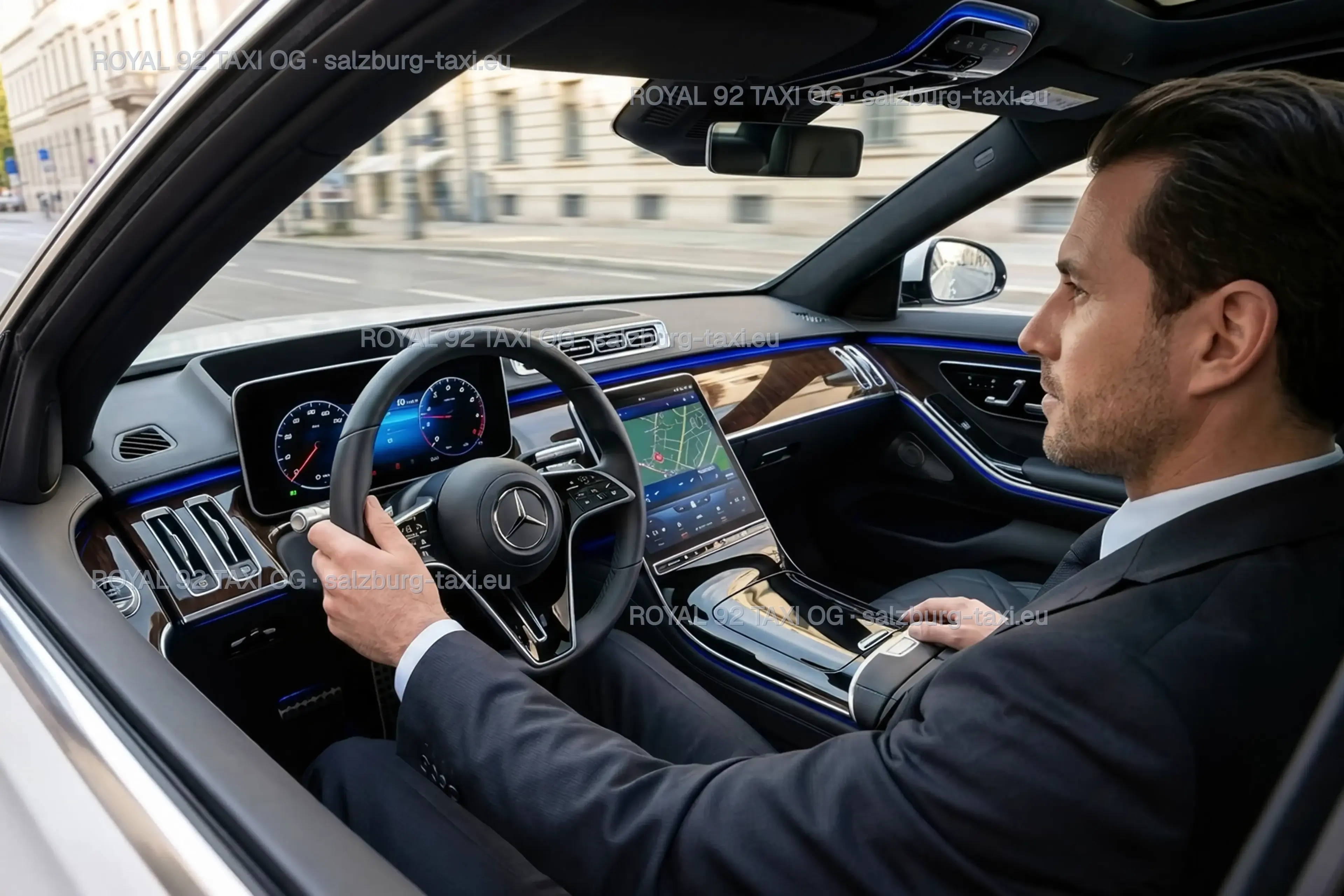 Taxi Salzburg chauffeur driving a premium Mercedes for a private Salzburg airport transfer