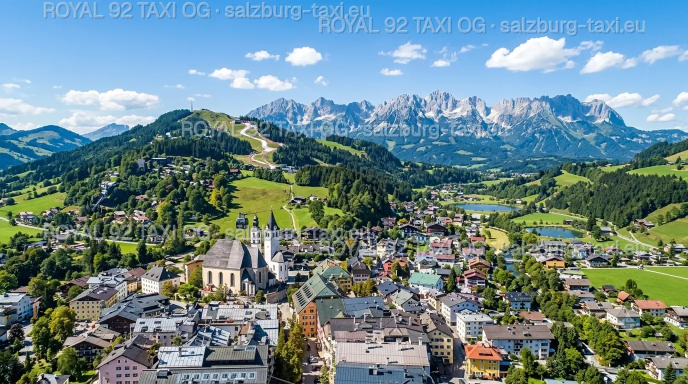 Kitzbühel historic town, ski slopes and Wilder Kaiser mountains