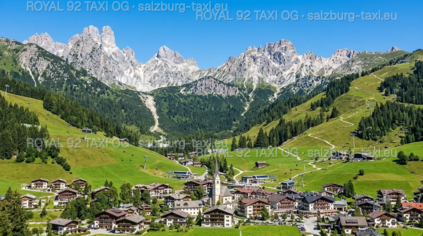 Salzburg Airport to Flachau private transfer Flachau Alpine village and church below green ski slopes and rugged Salzburg mountain peaks