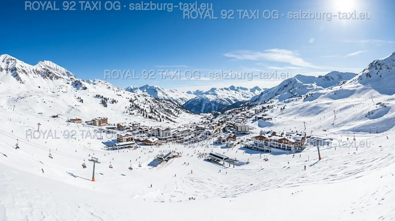Salzburg Airport to Obertauern private ski transfer Snow-covered Obertauern ski resort village, pistes and lifts surrounded by high Alpine peaks
