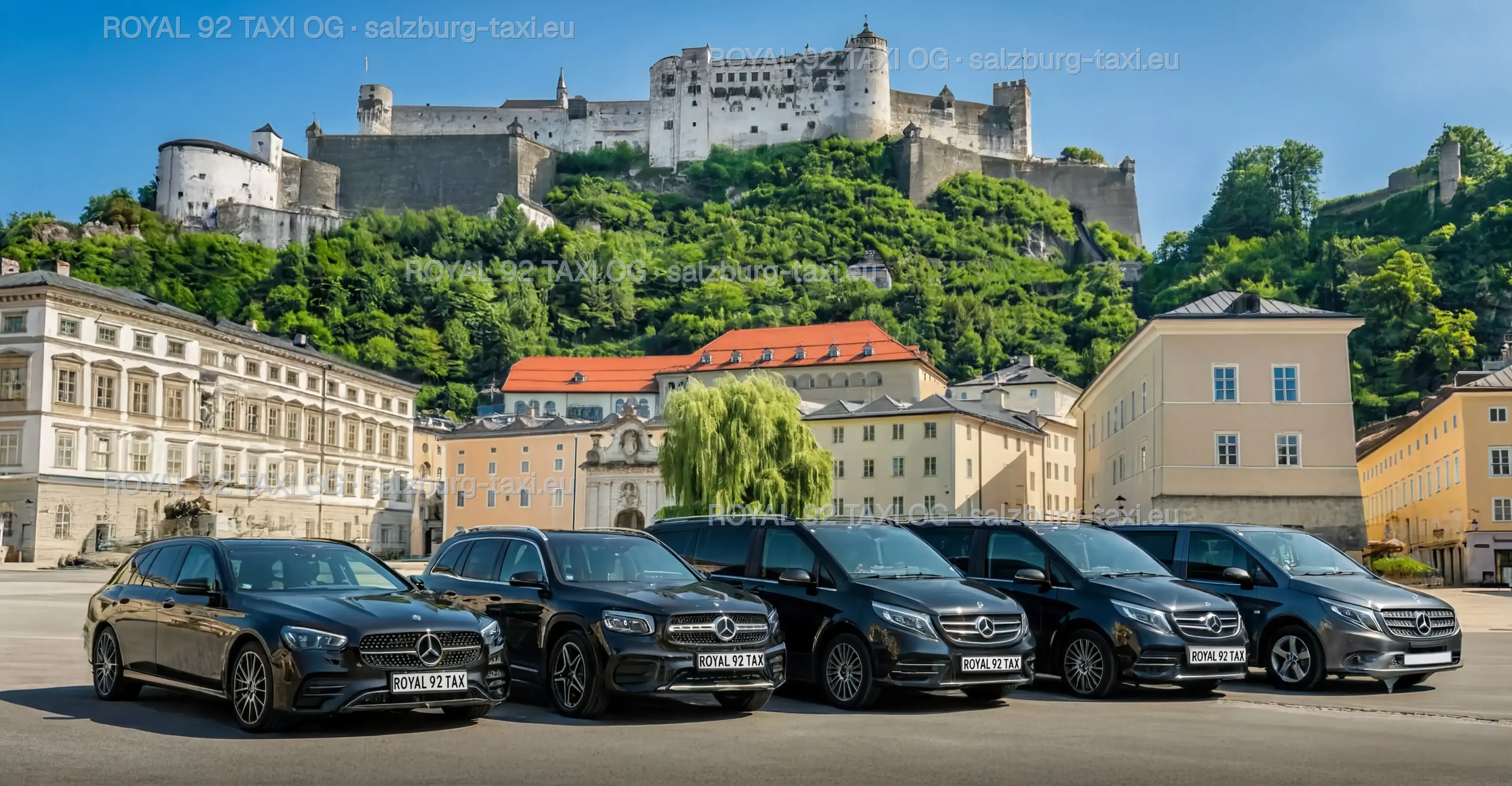 Salzburg Taxi Mercedes fleet below Hohensalzburg Fortress in Salzburg's historic centre